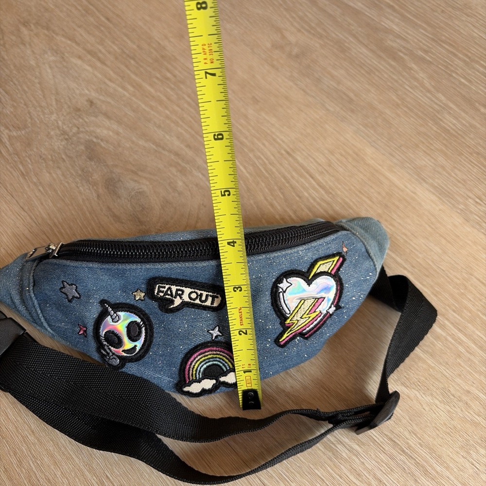 Y2K Denim Fanny Pack Alien Rainbow Waist Bag Festival Kawaii Belt Bag Patches - Picture 9 of 12